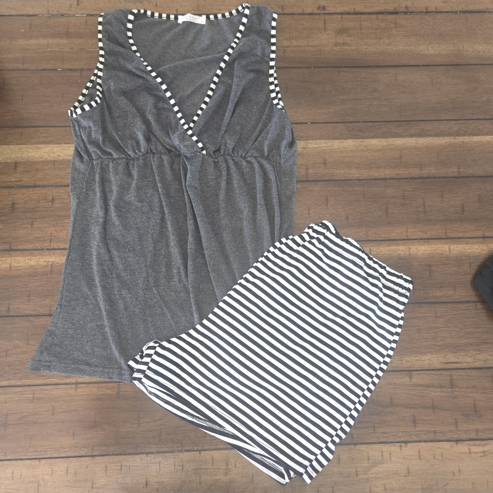 Gray and White Striped Women's Sleepwear Set